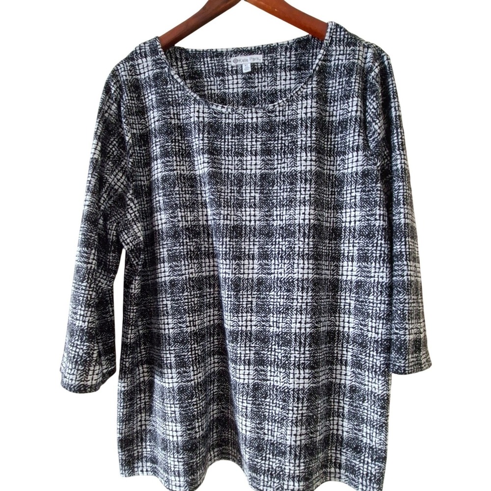 Kate Park Tunic Top‎ Women XL Black White Geometric 3/4 Sleeve blouse Excellent